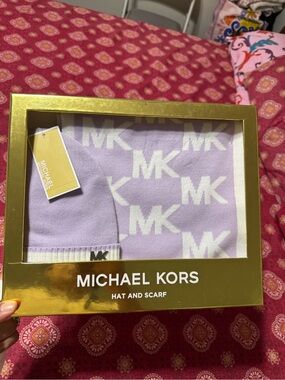 Michael Kors Lavender and White MK Logo Hat & Scarf Set